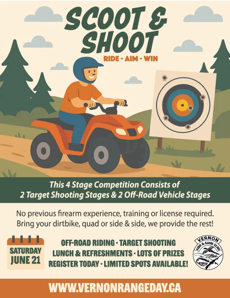 Scoot & Shoot is a 4 stage team competition consisting of 2 target shooting stages and 2 off-road vehicle stages.